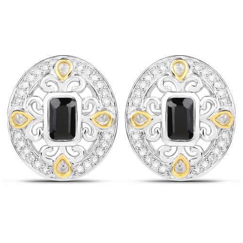 QJ  0.93 Carat Genuine Sapphire And White Diamond .925 Sterling Silver Earrings In Blue