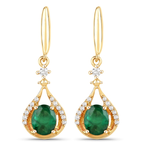 QJ  0.70 Carat Genuine Zambian Emerald And White Diamond 14K Gold Earrings In Yellow