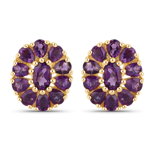 QJ  18K Gold Plated 3.84 Carat Genuine Amethyst .925 Sterling Silver Earrings In Yellow