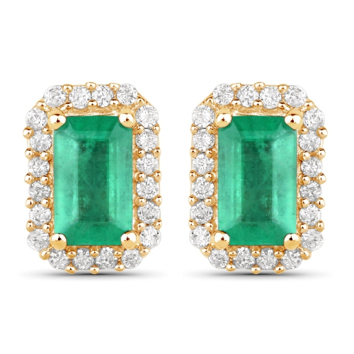 QJ  0.91 Carat Genuine Zambian Emerald And White Diamond 14K Gold Earrings In Yellow