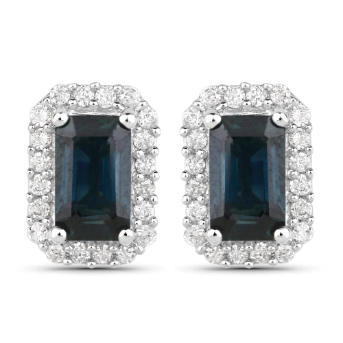 QJ  0.91 Carat Genuine Sapphire And White Diamond 14K White Gold Earrings In Blue
