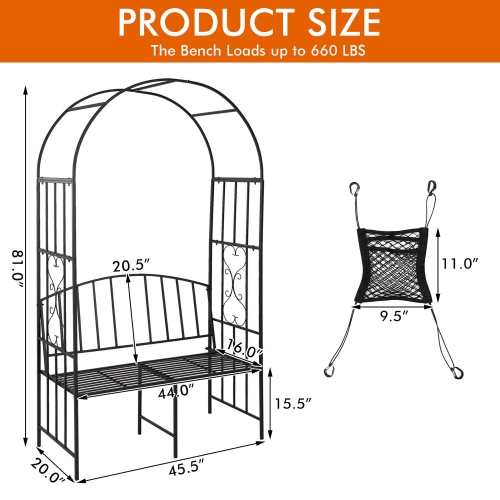 Gymax Steel Garden Arch w/ 2-Seat Bench 6'7''H x 3'8''W Outdoor Arbor for Climbing Plants