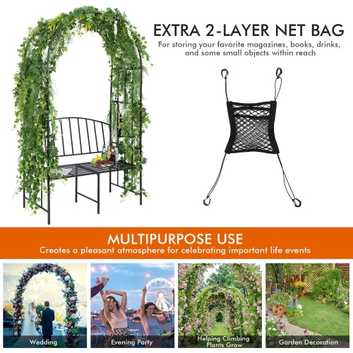 Gymax Steel Garden Arch w/ 2-Seat Bench 6'7''H x 3'8''W Outdoor Arbor for Climbing Plants