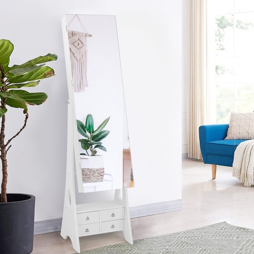 Gymax Jewelry Cabinet Armoire Full Length LED Mirror w/ 6 Drawers & Makeup Shelf White