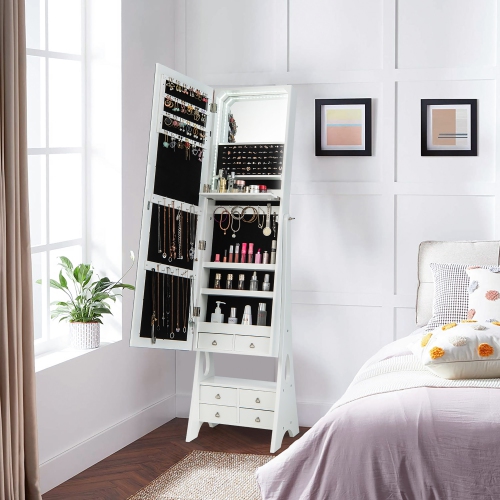 Gymax Jewelry Cabinet Armoire Full Length LED Mirror w/ 6 Drawers & Makeup Shelf White