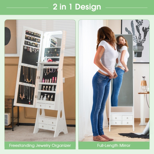 Gymax Jewelry Cabinet Armoire Full Length LED Mirror w/ 6 Drawers & Makeup Shelf White