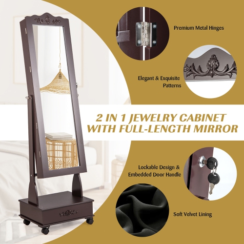 Gymax Rolling Jewelry Cabinet Armoire Full Length LED Mirror Lockable w/ Drawer