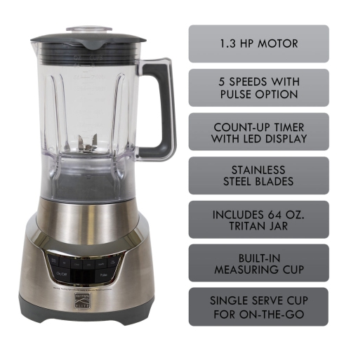 Kenmore Elite 1.3 HP 64 oz Blender With 20 oz Single-Serve Blending Cup, Powerful Ice-Crushing Motor with To-Go Lid, Grey and Stainless Steel