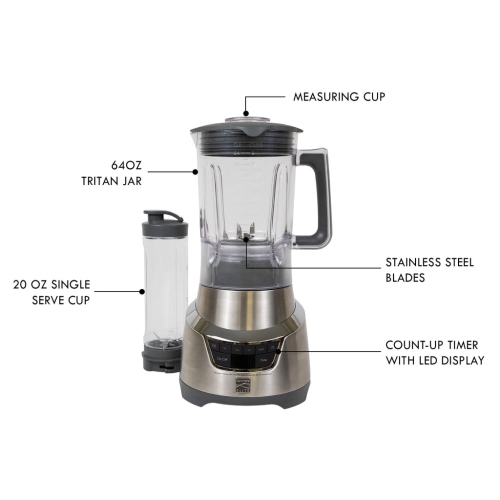 Kenmore Elite 1.3 HP 64 oz Blender With 20 oz Single-Serve Blending Cup, Powerful Ice-Crushing Motor with To-Go Lid, Grey and Stainless Steel