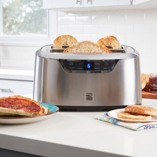 Kenmore Elite 4-Slice Long Slot Toaster Silver Stainless Steel with Auto-Lift and Digital Controls.
