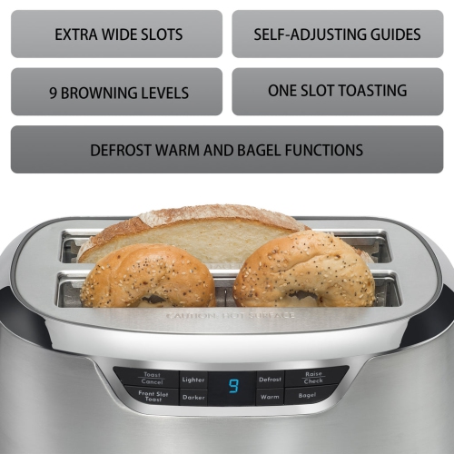 Kenmore Elite 4-Slice Long Slot Toaster Silver Stainless Steel with Auto-Lift and Digital Controls.