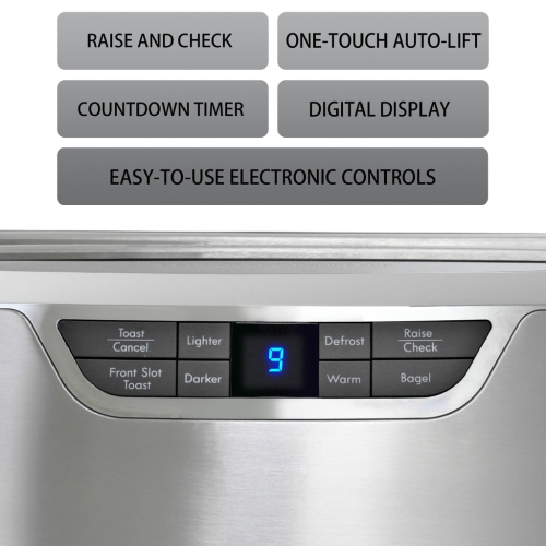 Kenmore Elite 4-Slice Long Slot Toaster Silver Stainless Steel with Auto-Lift and Digital Controls.