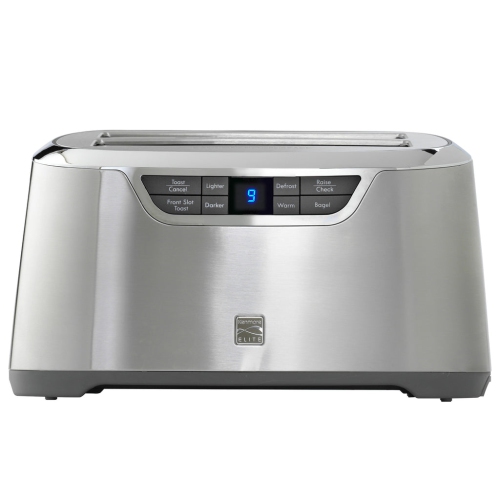 Kenmore Elite 4-Slice Long Slot Toaster Silver Stainless Steel with Auto-Lift and Digital Controls.