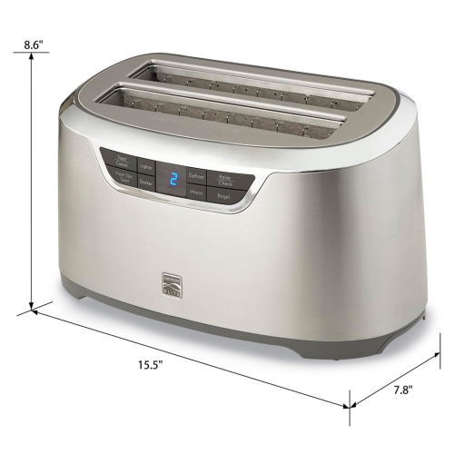 Kenmore Elite 4-Slice Long Slot Toaster Silver Stainless Steel with Auto-Lift and Digital Controls.