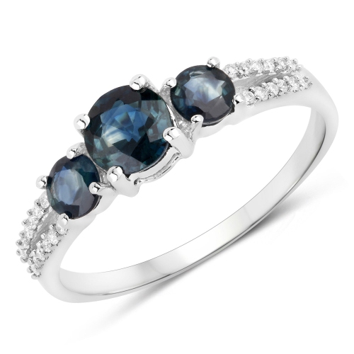 QJ  1.08 Carat Genuine Sapphire And White Diamond 14K White Gold Ring In Blue