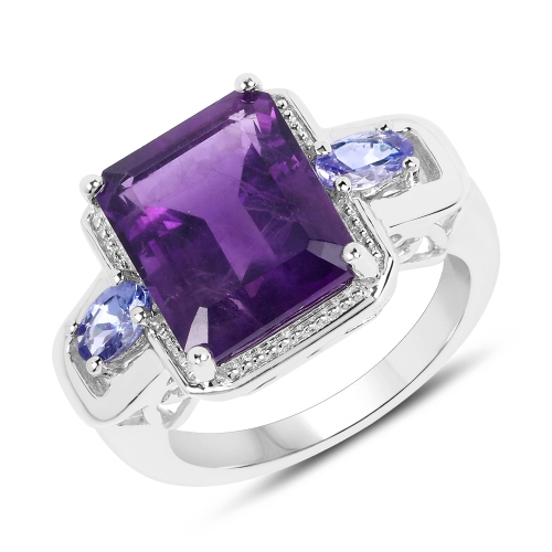 QJ  6.25 Carat Genuine Amethyst And Tanzanite .925 Sterling Ring In Silver