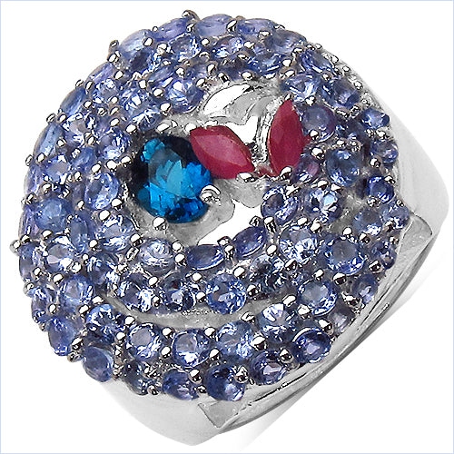 QJ  3.31 Carat Genuine London Topaz, Ruby & Tanzanite .925 Sterling Silver Ring In Blue