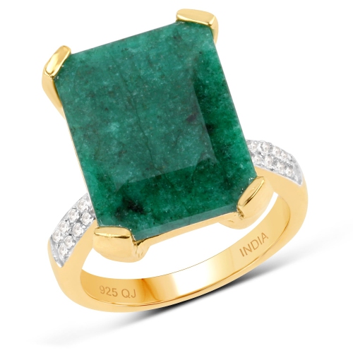 QJ  14K Gold Plated 9.76 Carat Dyed Emerald & White Topaz .925 Sterling Silver Ring In Yellow