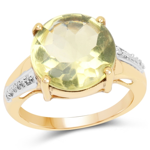 14k Yellow Gold Plated 9.26 Carat Genuine Lemon Topaz Buff Top And White Diamond Brass Ring