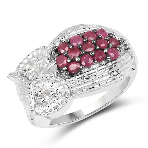 QJ  0.86 Carat Genuine Ruby & Topaz .925 Sterling Silver Ring In White