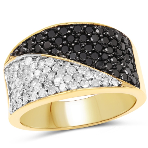QJ  14K Gold Plated 1.20 Carat Genuine Black Diamond And White Diamond .925 Sterling Silver Ring In Yellow