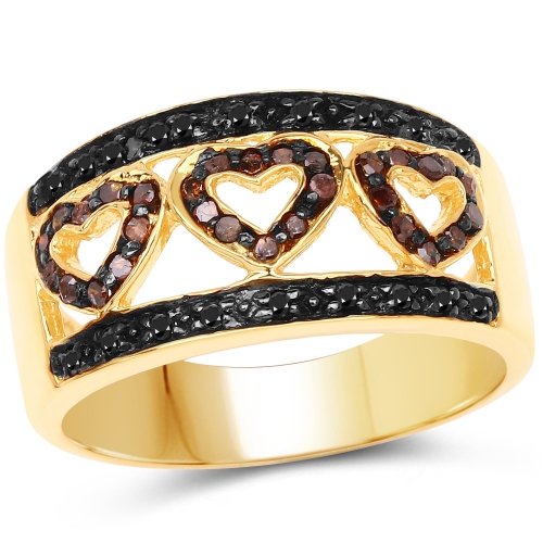 QJ  14K Yellow Gold Plated 0.32 Carat Genuine Black Diamond And Diamond .925 Sterling Silver Ring In Red