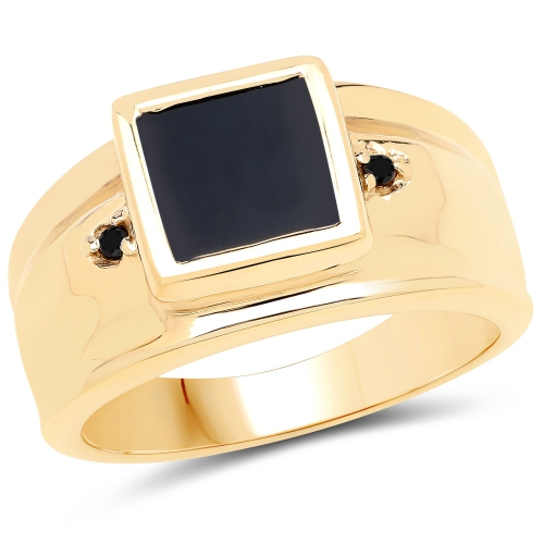 QJ  14K Gold Plated 2.03 Carat Genuine Black Onyx And Black Diamond .925 Sterling Silver Ring In Yellow