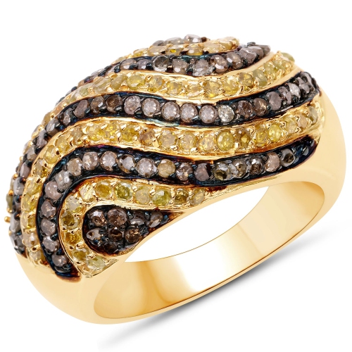 QJ  14K Gold Plated 1.19 Carat Genuine Champagne Diamond And Diamond .925 Sterling Silver Ring In Yellow