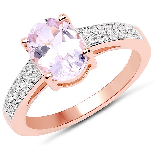 QJ  14K Rose Gold Plated 2.91 Carat Genuine Kunzite And Zircon .925 Sterling Silver Ring In White
