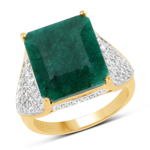 QJ  14K Gold Plated 8.73 Carat Dyed Emerald & White Topaz .925 Sterling Silver Ring In Yellow