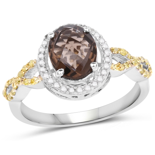 1.90 Carat Genuine Smoky Quartz, Yellow Diamond & White Diamond .925 Sterling Silver Ring