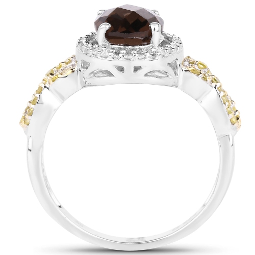 1.90 Carat Genuine Smoky Quartz, Yellow Diamond & White Diamond .925 Sterling Silver Ring