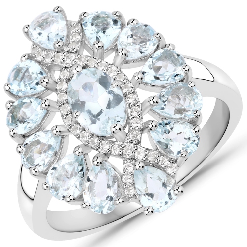 QJ  1.89 Carat Genuine Aquamarine And Topaz .925 Sterling Silver Ring In White