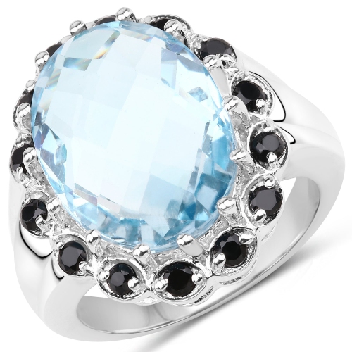 QJ  12.49 Carat Genuine Topaz & Black Spinel .925 Sterling Silver Ring In Blue