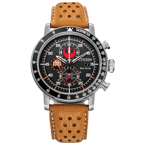 Star Wars Mens Rebel Pilot Japanese Eco-Drive Watch 44mm Silver-Tone Stainless Steel Case Orange Leather Strap with Black Dial