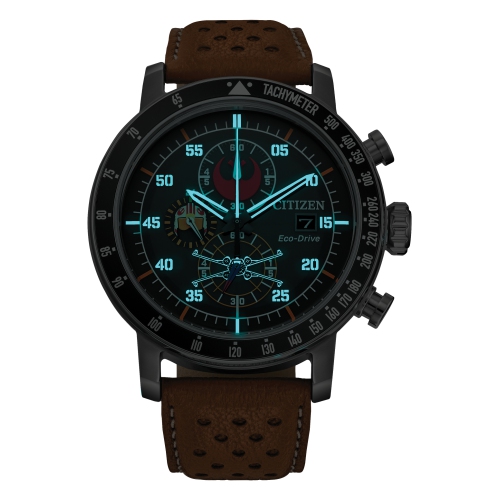 Star Wars Mens Rebel Pilot Japanese Eco-Drive Watch 44mm Silver-Tone Stainless Steel Case Orange Leather Strap with Black Dial