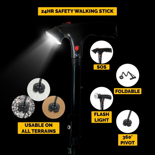 BANGERAN  Lightweight Foldable Smart Walking Cane, All Terrain Foldable Adjustable Light, 250Lb Weight Capacity, Portable Adjustable Walking Support