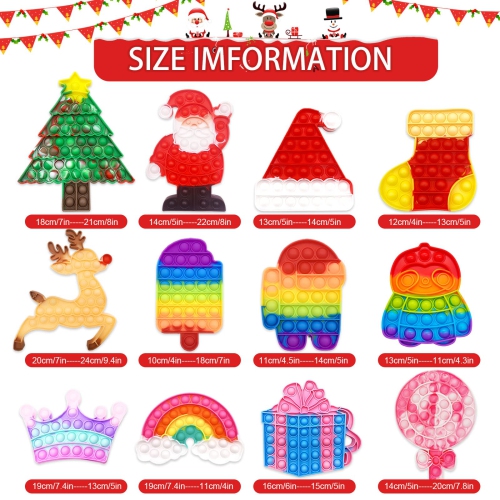 12 Pcs Christmas Pop Fidget Toy Set, Push Bubble Sensory Fidgets Toys, Silicone Autism Relief Stress Toy, Christmas Loot Bag