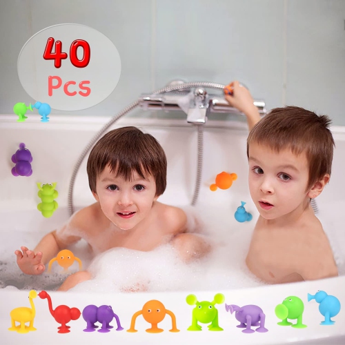 Suction Toys, 40 Pcs Kids Bath Toys Sensory Toys for 3 4 5 6 7 Year Old Boys Girls Stress Release Toys Travel Toys Suction Cup Toys Silicone Animal