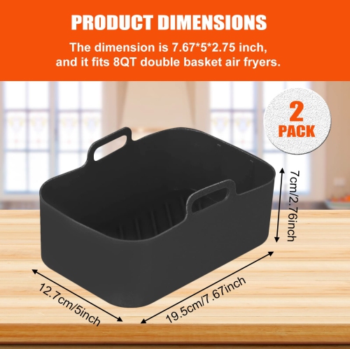 2 Pack Air Fryer Silicone Pots, Reusable Rectangle Food Grade Replacement Silicone Air Fryer Bowl Liner Basket Accessories f