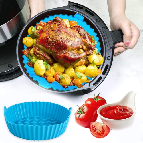 2 Pack Silicone Air Fryer Pot, Indigo & Gray Non-Stick Reusable Air Fryer Accessories, BPA Free Food Safe Silicone Air Fryer