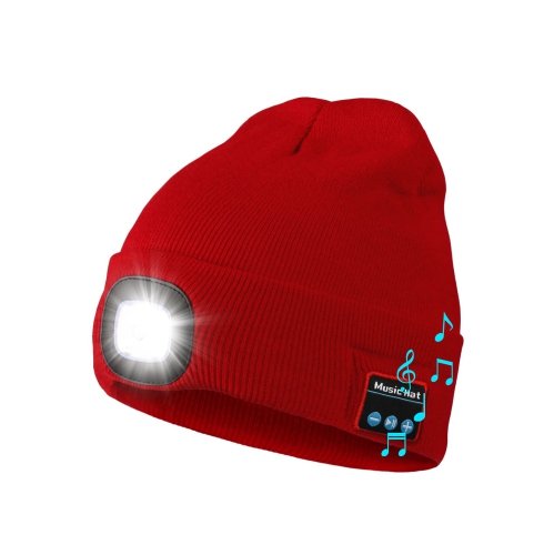 Bluetooth Beanie Hat with Light, USB Rechargeable LED Hat with Headphone, Night Lighted Music Hat, Gifts for Men Red