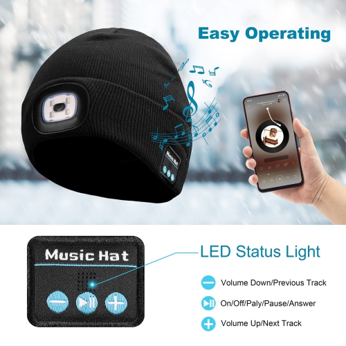 Tuque unisexe Bluetooth à DEL avec lumière, cadeau pour papa Boyfriend Him pour garçons cadeaux pour hommes femmes Gris