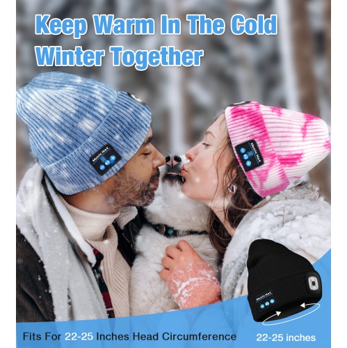 Bluetooth Beanie Hat with Light,Gifts for Mens Women Dad, Headlamp Rechargeable LED Hat Warm Knitted Cap Unisex Music Hat