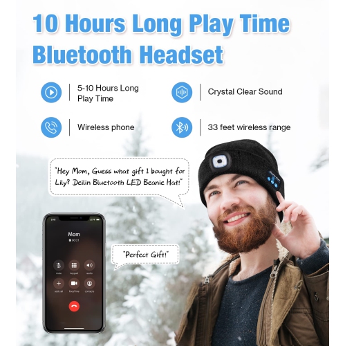 Bluetooth Beanie Hat with Light,Gifts for Mens Women Dad, Headlamp Rechargeable LED Hat Warm Knitted Cap Unisex Music Hat