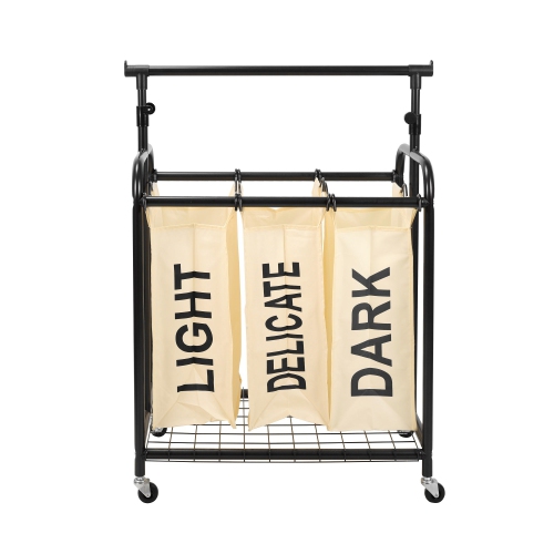 Oceanstar – panier de tri à roulettes pour la lessive, 3 sacs, avec barre de suspension ajustable, blanc