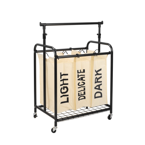 Oceanstar – panier de tri à roulettes pour la lessive, 3 sacs, avec barre de suspension ajustable, blanc