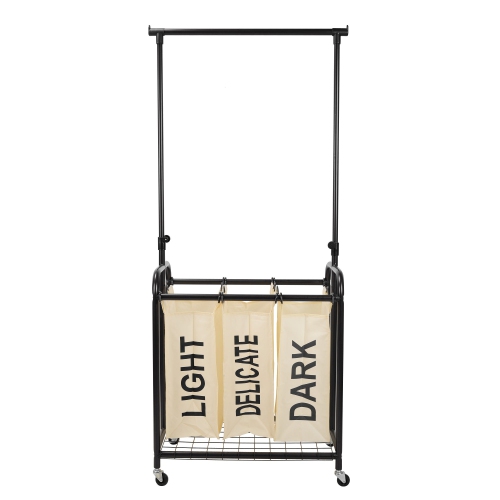 Oceanstar – panier de tri à roulettes pour la lessive, 3 sacs, avec barre de suspension ajustable, blanc