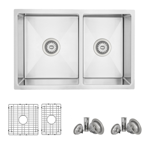 Image 1 of 10.. OPEN BOX A - Dual Mount 27" Stainless Steel Double-Bowl 60/40 Reversible Kitchen Sink with Grids and Basket Strainers C227
