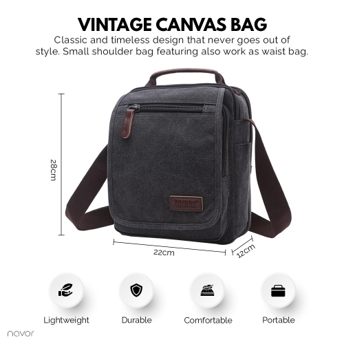 Small Canvas Messenger Bag, Crossbody Shoulder Bags Vertical Satchel Purse for Travel Work Business Men Women, Black